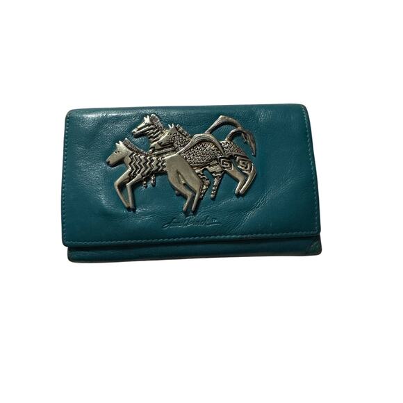 Rare Vintage Laurel Burch Teal Leather Wallet with Silver Horse Motif Trifold - Picture 1 of 8